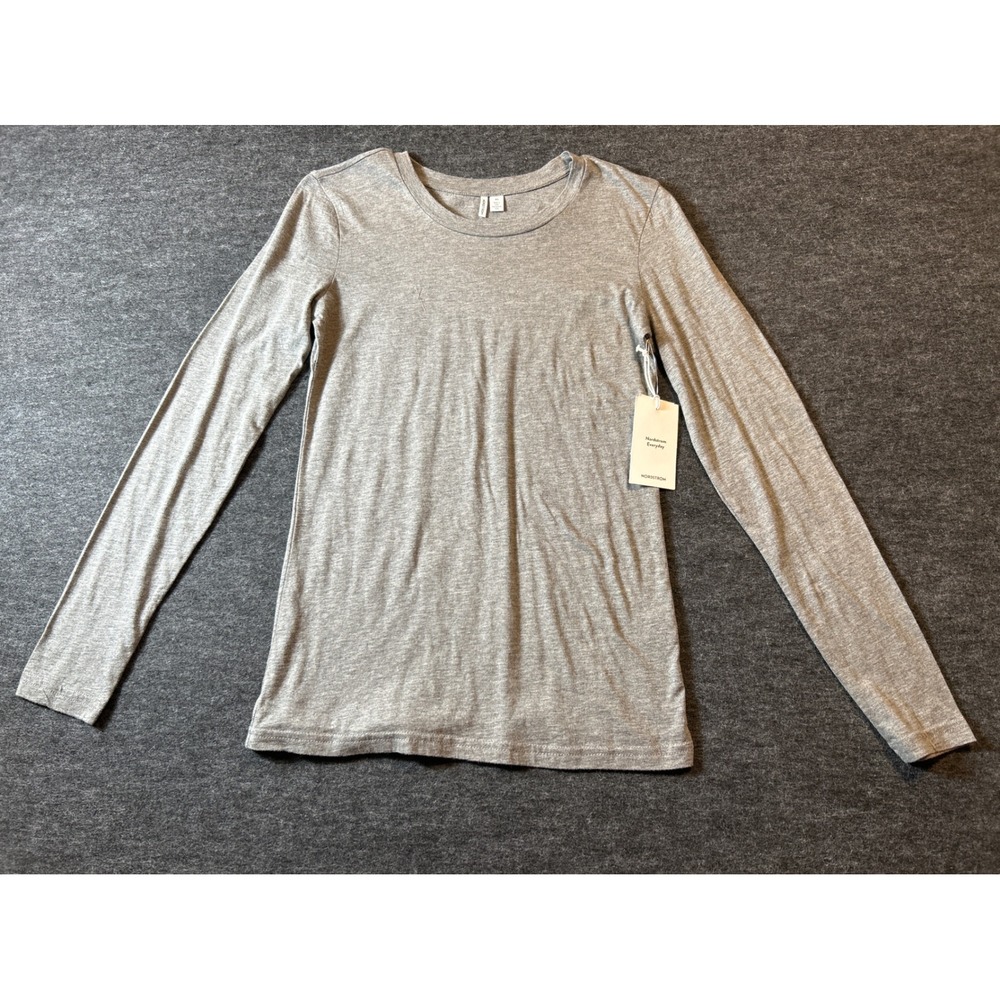 Nordstrom Long Sleeve Tee Women XS Grey NEW Pima Cotton Crew Neck Everyday